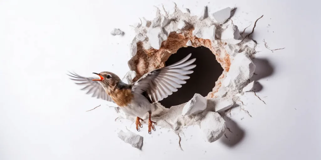 Vogel duchbricht eine Mauer und fliegt in die Freiheit